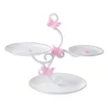 European style 3-tier dessert display stand with pink butterflies and white ceramic plates. - 3-Tier Circular Gold-Rimmed White Trays with Pink Butterfly Rod