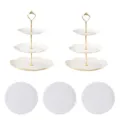 Ensemble de présentoir à gâteau à 3 étages style européen avec napperons pour fête et mariage. - 2 ensembles de présentoirs ronds à 3 niveaux avec tige dorée et 3 plateaux ronds en dentelle blancs