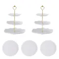 Présentoir à gâteaux européen à 3 niveaux support de table de dessert blanc plateau - 2 ensembles de présentoirs hexagonaux à 3 niveaux avec tige dorée et 3 plateaux ronds en dentelle blancs