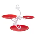 European 3-tier dessert display stand, red plates with butterfly vine holder for party event. - 3-Tier Circular Gold-Rimmed Red Trays with White Butterfly Rod