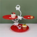 European 3-tier dessert display stand, red plates with white butterfly bracket, cake plate. - 3-Tier Round Red Plates with White Butterfly Rods