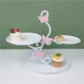 European style 3-tier white cake stand with pink butterflies for afternoon tea desserts display - 3-Tier Circular White Trays with Pink Butterfly Rod