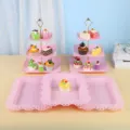Support à cupcakes rose et plateau à dessert en dentelle pour mariages style européen - Support Carré À Rayures Avec Plateau Carré En Dentelle / 2 Présentoirs À Étages Et 3 Plateaux / Rose