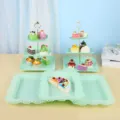 Présentoir à gâteaux à 3 niveaux vert menthe et plateaux à dessert avec bords en dentelle - Support carré gaufré avec plateau carré en dentelle / 2 Présentoirs À Étages Et 3 Plateaux / Vert menthe