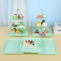 Élégant présentoir à gâteaux européen multicouche vert menthe et plateau à dessert pour mariages - Support carré gaufré avec plateau carré / 2 Présentoirs À Étages Et 3 Plateaux / Vert menthe