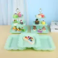 Présentoir à gâteaux à 3 niveaux vert menthe et plateaux de dessert pour mariage - Présentoir À 3 Niveaux À Rayures Carrées Avec Plateau Carré En Dentelle / Ensemble De 5 Pièces (2 Ensembles De Présentoirs À 3 Niveaux + 3 Plateaux) / Vert