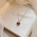 Elegant silver necklace featuring a heart-shaped red zircon pendant with pave crystals - Red Heart Rhinestone Style (X0722-2)