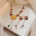 Elegant colorful zircon necklace and earrings set with flower and teardrop design. - Multicolor Tassel Floral Style (PJ--206)