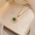 Elegant gold flower pendant necklace with green zircon in a luxury jewelry gift box - Green Zirconia Sunflower Style(X0747)