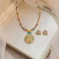 Luxury multi-color zircon necklace and earrings jewelry set with golden finish in box - Colorful Hollow Round Style (PJ--205)