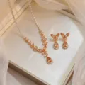 Elegant champagne zircon necklace and earring set in luxury rose gold finish for women - Champagne Waterdrop Leaf Style (PJ--204)
