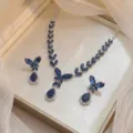 Luxury silver-tone jewelry set with deep blue marquise stones in a display box - Deep Blue Butterfly Leaf Style (PJ---203)