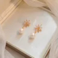 Elegant pink flower zircon stud earrings with hanging white pearl in jewelry box - Flower Pearl Earrings (E0466)