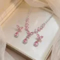 Elegant pink zirconia butterfly necklace and earring jewelry set for women, luxury style - Pink Butterfly Waterdrop Style (PJ---202)