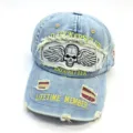 Verwaschene hellblaue Denim-Baseballkappe für große Köpfe mit Totenkopf-Stickerei - Einheitsgröße(55-60cm) / Totenkopf Hellblau