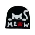 Schwarze Strickmütze im Hip-Hop-Stil mit weißem Katzenmotiv und rotem Pfotenabdruck MEOW - Schwarze Katze Meow Muster (13) / Schwarz
