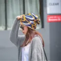 Unisex faux cashmere slouchy beanie with abstract blue and yellow patterns for winter - Blue Striped / Adjustable