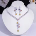 Parure de bijoux avec collier et boucles d'oreilles en zircone de couleur sur socle - Style Tombant Multicolore Base Argent (PJ-209)
