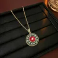 Vintage rotierbare Zirkonia-Halskette mit einzigartiger roter und grüner Emaille-Blume - Halskette (X0002) / Gold