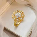 Elegant gold plated micro-set zircon flower ring displayed in luxury jewelry box - Gold Micro-Inlaid Zirconia Blooming Flower Ring (J1200)