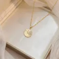 Elegant golden titanium steel necklace featuring a circular sun pattern pendant with zircon - Half Flower Disc Style(X0763)