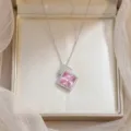 Elegant pink square zircon necklace in a luxury champagne gift box presentation. - Silver Pink Square Zirconia (X0656--2)