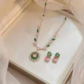Fashion jewelry set with pink and green zircon stones in gold finish - Sunflower Pink and Green Style (PJ---200)