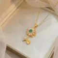 Elegante, drehbare Sonnenblumen-Halskette aus Gold mit grünen und weißen Zirkonia-Steinen - Dreifarbiger Zirkon Sonnenblumen-Stil (X0571)