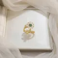 Elegant gold-plated open ring featuring a daisy and bee with sparkling green zircon. - Bee and Floral Open Ring (J0231)
