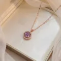 Elegant rose gold necklace with rotating purple zircon flower pendant in gift box - Bauhinia Rotating Necklace (X0724) / Rose Gold and Purple