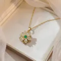 Gold plated flower pendant necklace with emerald green and clear zircon inlay - Green Main Stone Flower Pendant Necklace (X0254)