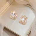 Elegant gold plated earrings with pink rectangular zircon and halo stones - Rectangular Pink Rhinestone Earrings (E0476)