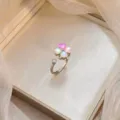 Elegant silver flower ring with pearlescent pink and blue hearts and zircon detail. - Colorful Heart Zirconia Open Ring - Silver (J1218--钢)