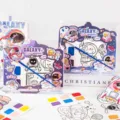 Kids watercolor painting book set with brush and 8 line draft cards for creative DIY art coloring activities. - Galaxy Travel Diary