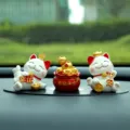 Chinese style lucky cat car dashboard ornament set with fortune bag and gold coins - Luck and Peace Cats with Prosperity Peace Bag Set (with Oval Pad) / Three-Piece Set