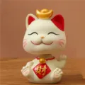 Cute Maneki Neko lucky cat figurine with golden ingot for car dashboard decoration - Bellyband Wealth Style (Shaking Head) / Off White