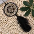 Black dream catcher detail view with feather pendant and beads for wall decor aesthetic. - 30cm / Black Dreamcatcher
