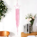 Handgemachte rosa Stern Makramee Wandbehang boho Baumwollseil Wandteppich Detailansicht - Sternstil / Rosa