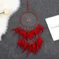 Vue rapprochée détaillée du capteur de rêves en plumes rouges, belle déco murale bohème. - 20cm / Rouge