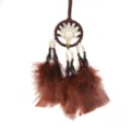 Brown tree of life dreamcatcher car hanging ornament with feathers and beads detail view. - 5cm Diameter / Coffee