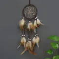 Primo piano di un acchiappasogni in stile indiano con piume marroni e perline - Stile Indiano (OC3029) / Marrone / 50-55cm