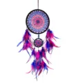 Handmade feather dream catcher detail showing intricate blue and pink woven web and hanging beads. - Violet