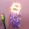 Elegante paarse veren dromenvanger met LED-lampjes en madeliebloemen op roze muur - Madeliefje Paars Met Licht / 16*55cm