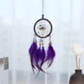 Handmade purple feather dream catcher hanging ornament for car bag and bedroom decor detail view - Purple