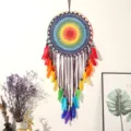 Large rainbow dream catcher wall hanging with colorful feathers, handmade bedroom decor. - Large Multicolor