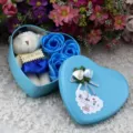 Exquisite blue heart-shaped tin gift box with three soap roses and a cute plush teddy bear - Blue Heart Tin Box Set (With Bear) / Blue