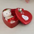 Heart-shaped red tin gift box featuring three soap roses and a cute white plush bear - Red Heart Tin Box Set (With Bear) / Red