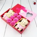Boîte cadeau de roses de savon romantique avec deux oursons pour la fête des mères - Ensemble Rose Uni