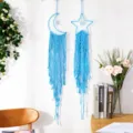 Macrame moon star dream catcher wall hanging bohemian handmade cotton rope decor detail. - Sky Blue