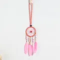 Close-up detail of pink dreamcatcher necklace with feathers and beads on white wall - Flesh Pink